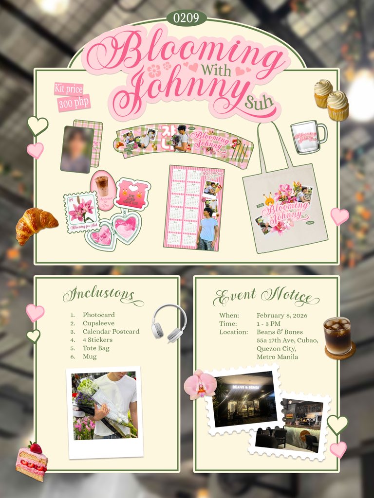 bloomingwithJS's tweet photo. Hi Johfam! 🐱🎧
Let's celebrate Johnny Suh w/ a cozy cupsleeve event filled w/ love, blooms, &amp; Johnny vibes! 

🗓️Feb 08, 2026 
📍Beans and Bones Cafe
17th Ave. Brgy. San Roque, Cubao, QC
⏰1:00 PM - 3:00 PM

Let's bloom together for our one &amp; only Johnny Suh! #BloomingWithJohnny https://t.co/zWn1hDsRUO