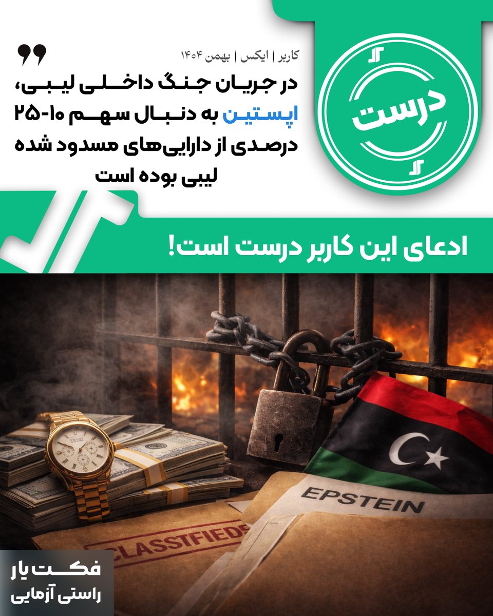 factyar's tweet photo. ⁉️ در جریان جنگ داخلی لیبی، اپستین به دنبال سهم ۱۰-۲۵ درصدی از دارایی های مسدود شده لیبی بوده است

🟢 نتیجه بررسی: درست

🔍 شرح ادعا:
کاربری در ایکس طی پستی گفته در جریان جنگ داخلی لیبی، اپستین با کمک ماموران موساد به دنبال سهمی ۱۰-۲۵ درصدی از دارایی‌های مسدود شده لیبی بوده است.

📌 بر اساس بررسی‌ها:
🔹 اسناد اپستین که توسط وزارت دادگستری آمریکا منتشر شده صحبت‌هایی میان اپستین و گرگ براون را نشان می‌دهد که براون اشاره می‌کند حدود ۸۰ میلیارد دلار دارایی مسدودشده لیبی در سطح بین‌المللی وجود دارد و ۳۲٫۴ میلیارد دلار از آن در آمریکا است و پیشنهاد می‌دهد با شناسایی پنج تا ده درصد از این دارایی‌ها کارمزدی بین ۱۰-۲۵ درصد دریافت کنند.

🔹 ۸۰ میلیارد دارایی مسدود شده لیبی در جهان به علت نبود داده کافی قابل اتکا نیست اما وزارت خزانه‌داری آمریکا در فوریه ۲۰۱۱ (بهمن ۱۳۸۹) خبر از مسدودسازی حدود ۳۰ میلیارد دلار دارایی مرتبط با لیبی داده بود که با گفته براون تطابق دارد.

📌 جمع‌بندی:
بررسی اسناد اپستین نشان می‌دهد که اپستین با براون در خصوص شناسایی و بازگرداندن دارایی‌های مسدودشده لیبی و دریافت کارمزد ۱۰-۲۵ درصدی از بخشی از این دارایی‌ها بحث می‌کردند و ادعای کاربر درست ارزیابی می‌شود.

#جفری_اپستین #لیبی #معمر_القذافي #تحریم