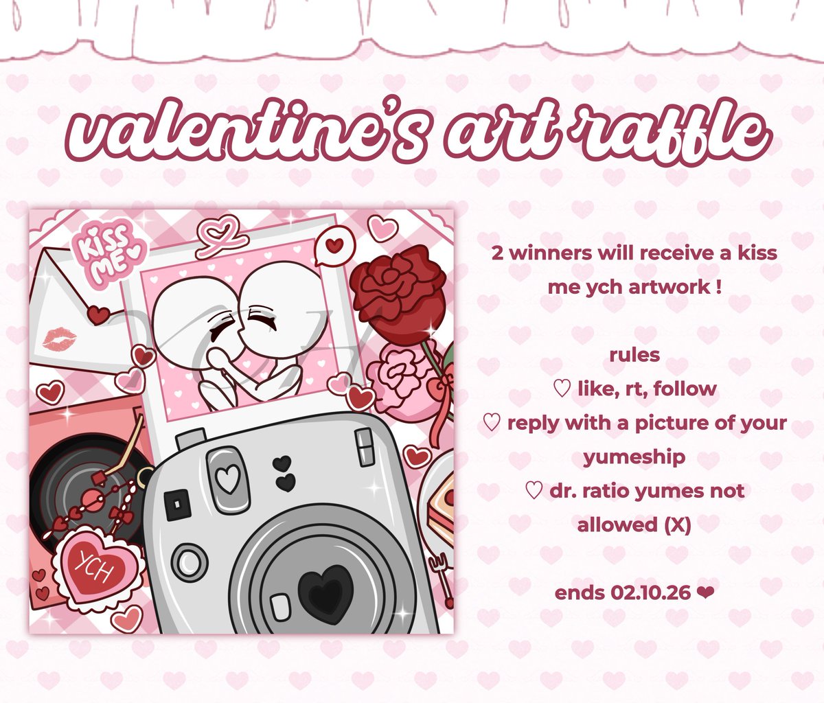 valentines art raffle 💝

2 winners will receive a kiss me ych artwork !

rules
♡ like, rt, follow
♡ reply with a picture of your #yumeship
♡ dr. ratio yumes not allowed (X)

ends 02.10.26 ❤︎ #yumetwt