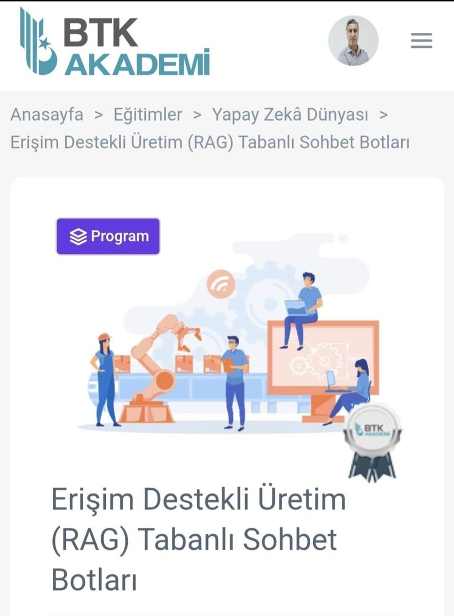 💥Erişim Destekli Üretim (RAG) tekniğini uygulamalı öğrenmek i
ister misiniz? 
▶️Eğitim:  btkakademi.gov.tr/portal/course/… 

▶️Kodlar: share.google/gVGSuN4HmqUlQN… 

#MuratKarakayaAkademi #YapayZeka #RAG #eğitim TED Üniversitesi #SohbetBotu