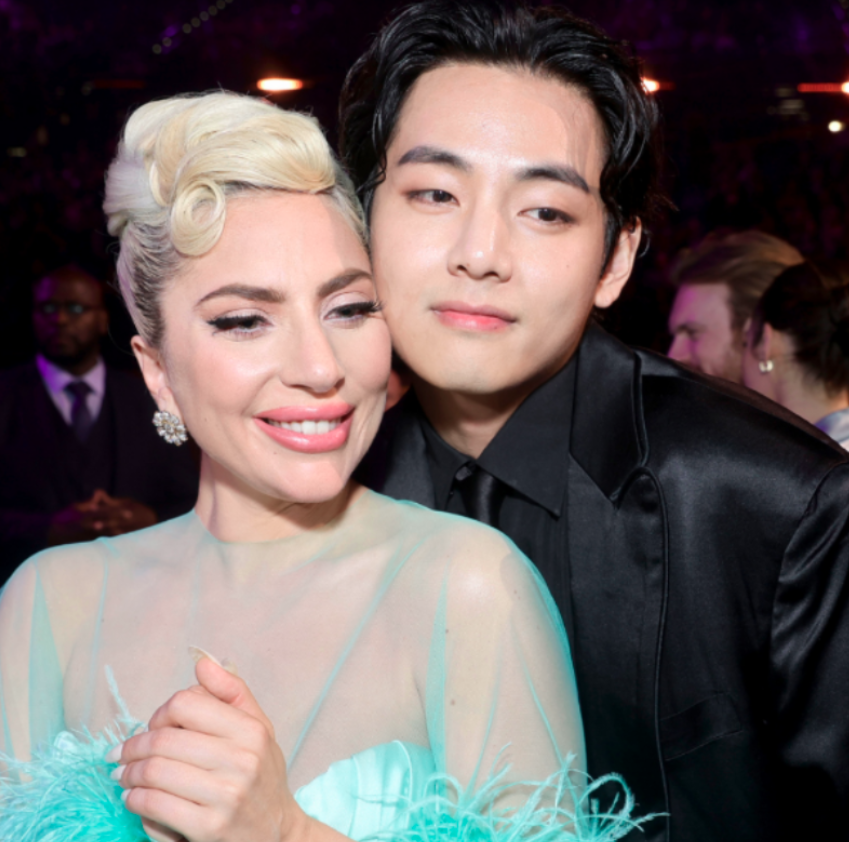 AboutMusicYT's tweet image. Taehyung of BTS and Lady Gaga at the Grammys, 2022.