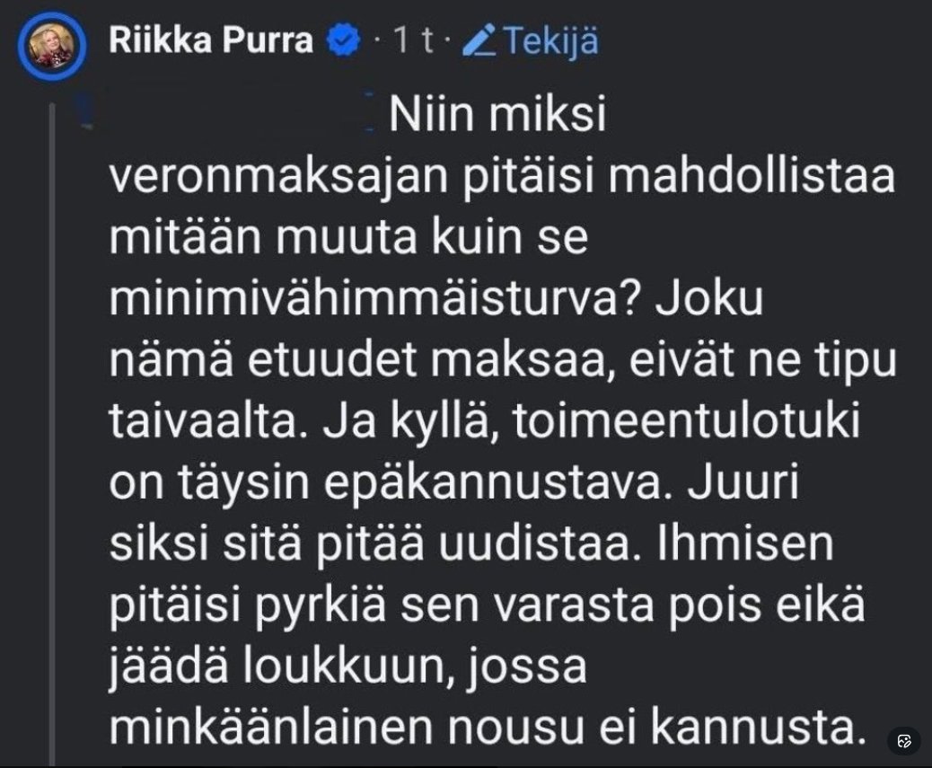 Kukahan sen Riikan palkan maksaa? 
Toivottavasti karma kostaa tälläselle jääkylmälle akalle 

#persut