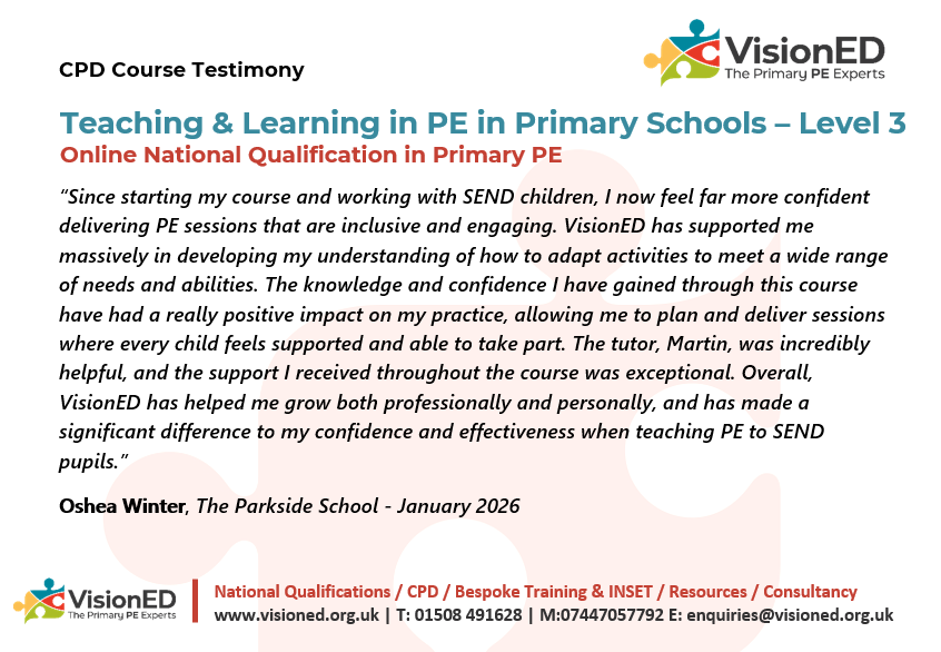 martin_radmore's tweet photo. Great feedback from 2 recent qualifiers on our national (UK) qualification Teaching & Learning in Primary PE. Online, available to learners outside of UK
#pecpd #primarype #peteaching #primaryschools #primaryeducation #COBIS #internationalschools #coaching #teachingpe #teachpe https://t.co/iqPJVUkacG