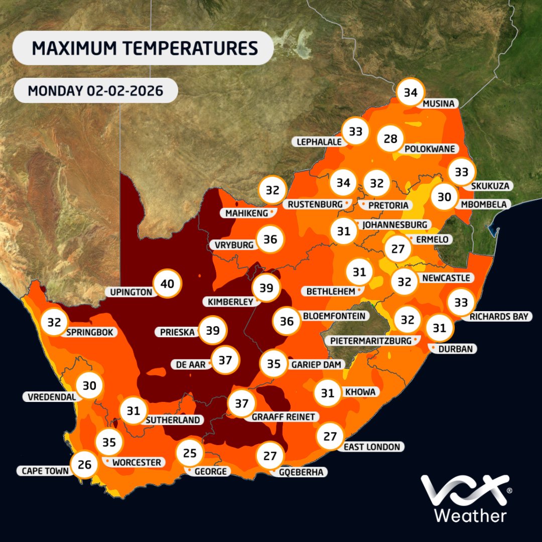WEATHER MAPS &amp; WARNINGS for this MON – 02 Feb 2026

🌞Hot day across SA, with favourable conditions for severe t-storms in the east

⚠️SAWS warnings⚠️
🟡L2: T-storms in places over GP, MP, LP, NW &amp; FS

Meteorologist Annette Botha will be back LIVE at 6pm on MONDAY on #VoxWeather