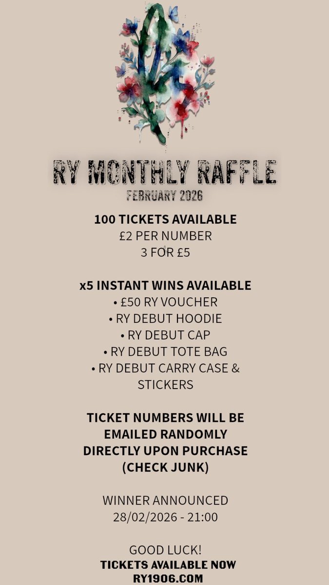 Ry1906's tweet photo. RY FEBRUARY RAFFLE

5 INSTANT WINS

£2 PER ENTRY

OR 3 ENTRIES FOR £5

TICKETS AVAILABLE NOW

GOOD LUCK

https://t.co/0ViHGD4Tvt https://t.co/OQ8J9HFBUc