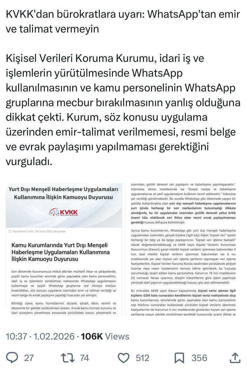 Şu twit öyle böyle yarmıyor ya. 😂 2010 yılında alınması gerekirken böyle bir kararın, (kamu kurumlarının WhatsApp ve benzeri uygulamalar kullanmaması) artık her şey için çok geç olduğu zamanlarda alınması... Bürokrasinin ne kadar yavaş hareket ettiğinin güzel bir örneği. 15 yıl.