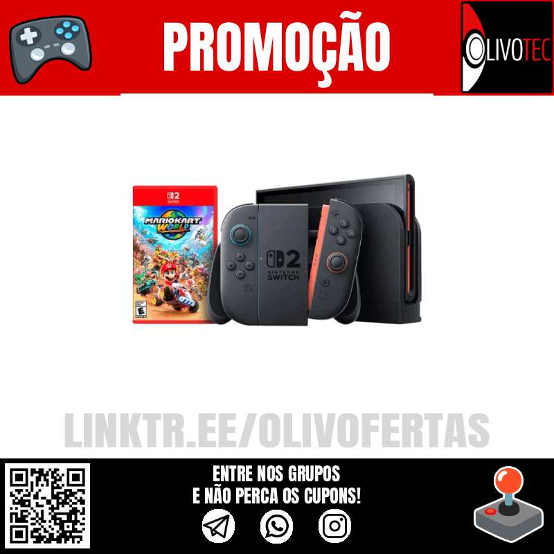 🚨Nintendo Switch 2 + Mario Kart World MÍDIA FÍSICA 

🎫 CUPOM R$100: s.shopee.com.br/9fF6GLpSn3
Preço com cupom: R$3750 *FRETE GRÁTIS*
até 12x de R$312 SEM JUROS

- Link de Compra:  
s.shopee.com.br/gKHXtZ6xm

- Entre nos nossos Grupos:  
linktr.ee/olivofertas