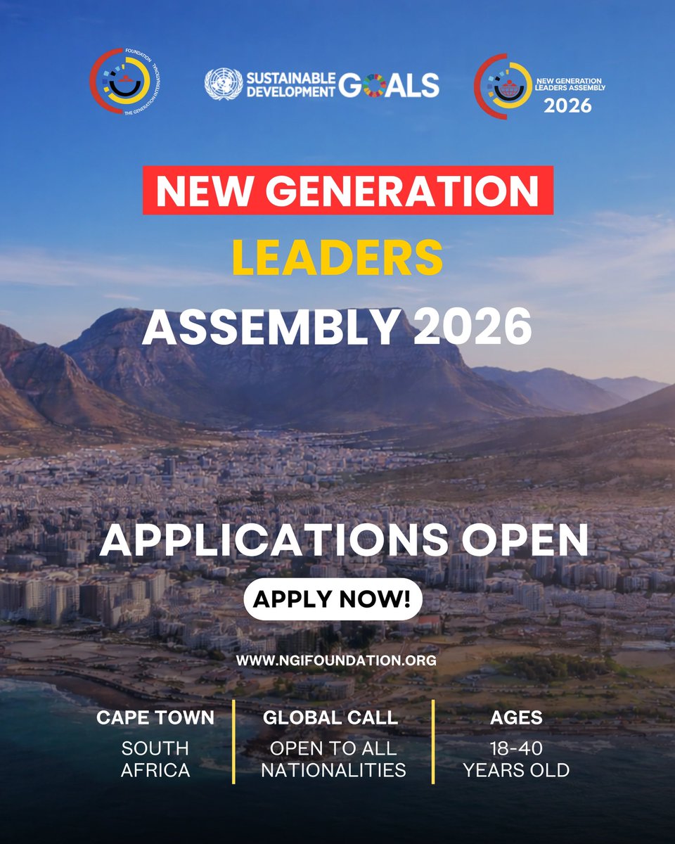kgotsohopelekau's tweet photo. 🌍 Applications Are Now Open

The New Generation Leaders Assembly (NGLA) 2026 is now open to exceptional Social Entrepreneurs, Entrepreneurs, Creatives, Visionaries, and Changemakers from around the world.

Hosted by the New Generation International Foundation, NGLA 2026 is a high-impact global leadership assembly designed for those building real solutions, leading communities, and shaping the future.

This is not an event you attend — it’s a platform you enter.

✨ NGLA 2026 at a Glance

📍 Cape Town, South Africa
🗓 November 2026
⏳ 4-Day Immersive Global Assembly
🌍 Global Call — Open to All Nationalities
🎟 Limited Seats · Highly Competitive Selection

🎁 What Selected Delegates Receive

🏨 Fully funded accommodation for the full 4 days
🍽 All meals & catering covered
🚌 Local transportation fully covered
🎓 Access to a world-class leadership assembly with strategy, dialogue, and collaboration
🌍 Global exposure & international visibility
🤝 Direct access to a powerful global network of leaders and changemakers
🚀 Automatic entry into the New Generation Academy (post-assembly mentorship, fellowship & collaboration)
💵 $1,000 USD induction grant to support and scale your work
📣 Professional storytelling, media coverage & documentation of your journey
🏆 Recognition as a New Generation Leader within a growing global ecosystem
🗺 Curated leadership excursions, including iconic sites such as Table Mountain and Robben Island, connecting global leadership to history, resilience, and legacy

🔗 Apply now: https://t.co/myGZHN6pdE

#GlobalOpportunity #InternationalConference #YouthLeadership #LeadershipOpportunity #ApplicationsOpen
#FutureLeaders #Changemakers #GlobalLeadership #CapeTown #NGIFoundation #NGLA2026
#fullyfunded #fullyfundedopportunity