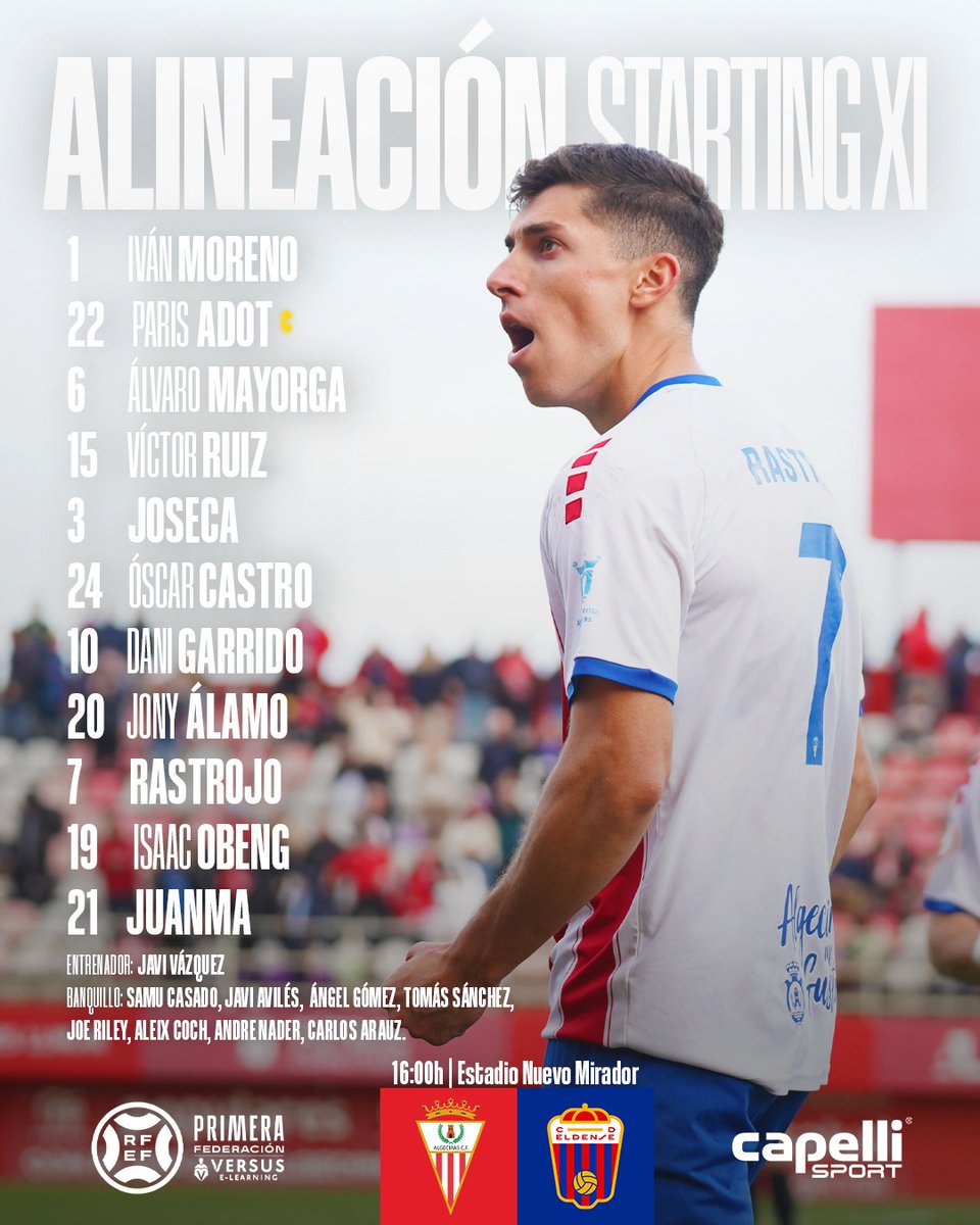 📋 𝐎𝐍𝐂𝐄 | Ya tenemos alineación para enfrentarnos al <a href="/CD_Eldense/">CD Eldense</a> en el Nuevo Mirador.

1️⃣ Iván Moreno
2️⃣2️⃣ Paris Adot
6️⃣ Mayorga
1️⃣5️⃣ Víctor Ruiz
3️⃣ Joseca
2️⃣0️⃣ Jony Álamo
2️⃣4️⃣ Óscar Castro
🔟 Dani Garrido
7️⃣ Rastrojo
2️⃣1️⃣ Juanma
1️⃣9️⃣ Obeng

#AlgecirasCFEldense