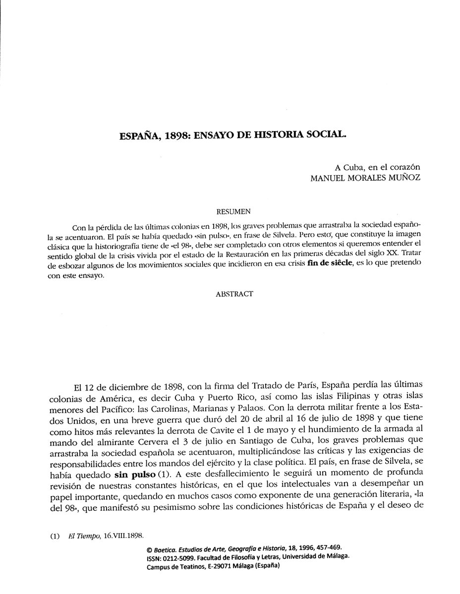📈 Artículo destacado. El artículo más descargado y leído de Baética es un clásico: "España, 1898: ensayo de Historia Social" del historiador Manuel Morales Muñoz. 👉 Puedes leerlo online: revistas.uma.es/index.php/baet…
#RevistaBaetica
