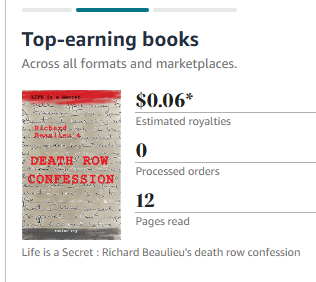 FabienRoy_'s tweet photo. Yesterday, I earned 6 cents from my novel, Life is a Secret: Richard Beaulieu’s Death Row Confession. That small amount truly made my day. Wishing everyone a wonderful Sunday! 
#CrimeThriller 
#KindleUnlimited 
#TrueCrimeVibes
#IndieAuthor
#BookTwitter 
#IdidnotkillLisbethCarter https://t.co/VOnRtzLtGi