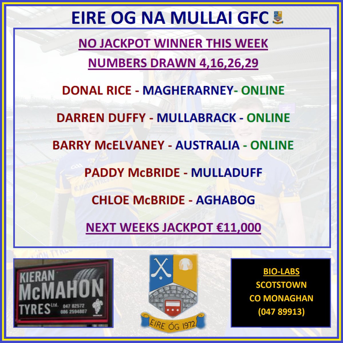 LOTTO RESULTS JANUARY 31ST
Get all the latest news on the Éire Óg Na Mullaí CLG app member.clubspot.app/club/eire-og-n…