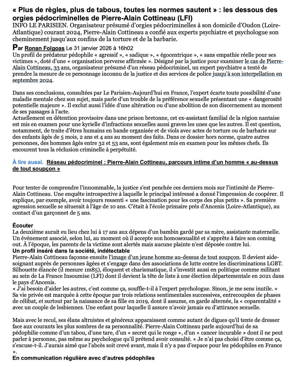 Melissa_Nemesis's tweet image. Voici l’article en entier sur les horreurs commises par Pierre-Alain Cottineau et ses complices. Même le terme « horreur » est trop faible pour décrire l’enfer qu’ont vécu ces si petits enfants, tout comme la prison sera bien trop douce comme peine pour ces monstres.