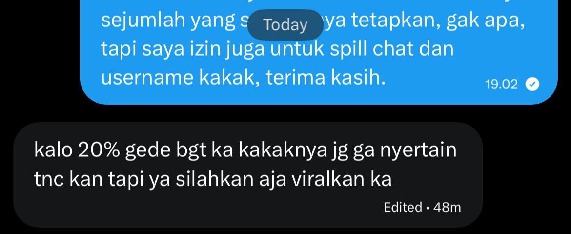 fushriguro's tweet image. halo semuanya, aku izin spill cust yang hnr dan engga mau bayar denda setelah dikasih denda dengan alasan aku ngga ada tnc. #zonaba #zonauang padahal dia sendiri yang blg mau bayar denda karena tbtb cancel untuk beli usn yang udah fix_mau dia take.