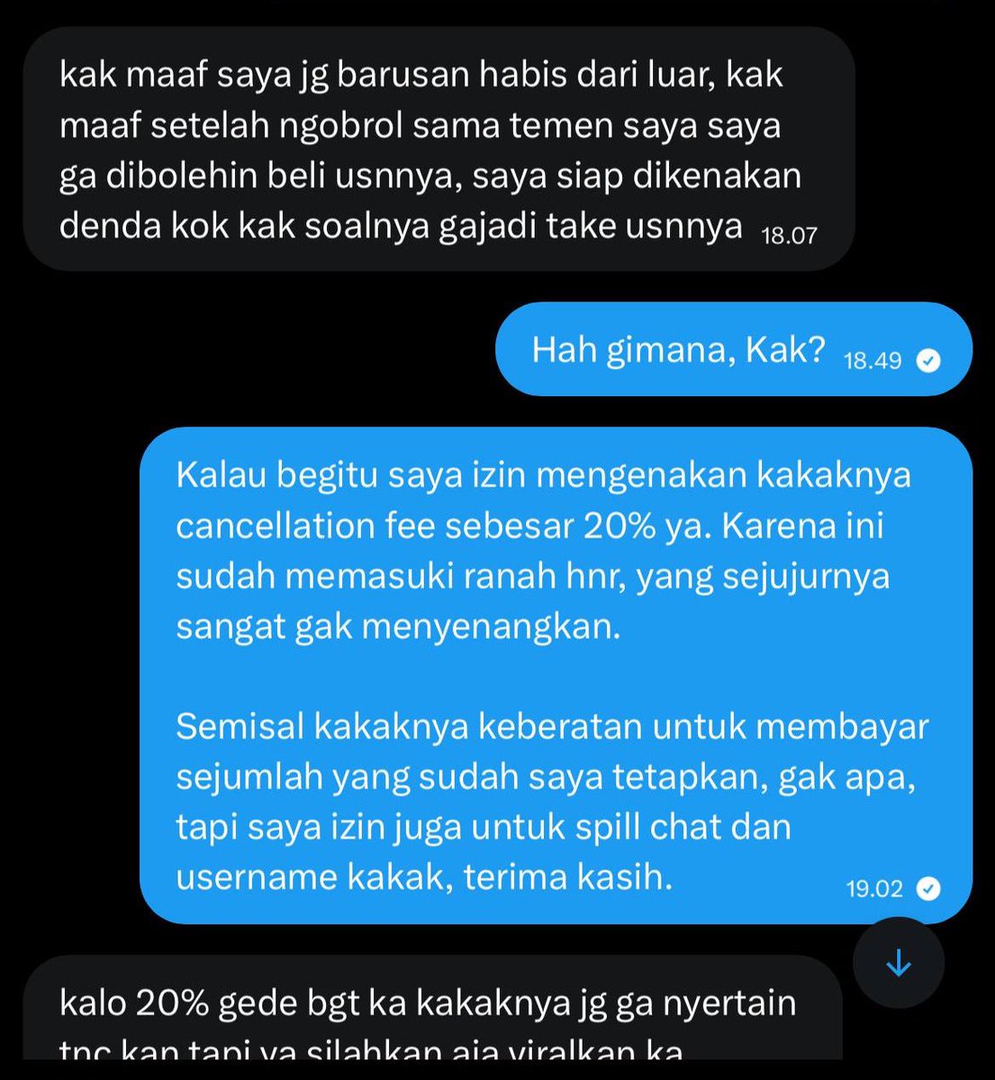 fushriguro's tweet image. halo semuanya, aku izin spill cust yang hnr dan engga mau bayar denda setelah dikasih denda dengan alasan aku ngga ada tnc. #zonaba #zonauang padahal dia sendiri yang blg mau bayar denda karena tbtb cancel untuk beli usn yang udah fix_mau dia take.