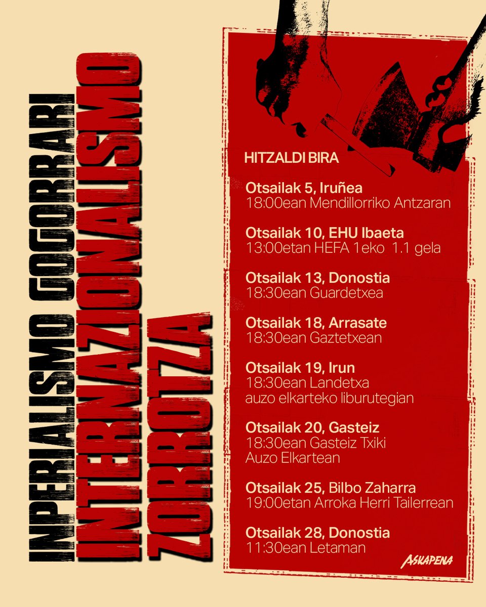 Klase borrokan, internazionalismoa elkartasun praktika politikoa da eta estrategikoa da. Herri bakoitzaren askapenak beste herrion askapenarekin lotura zuzena duelako. Horregatik,antolatuta eta informatuta egotea ezinbestekoa da.
Inperialismo gogorrari, internazionalismo zorrotza