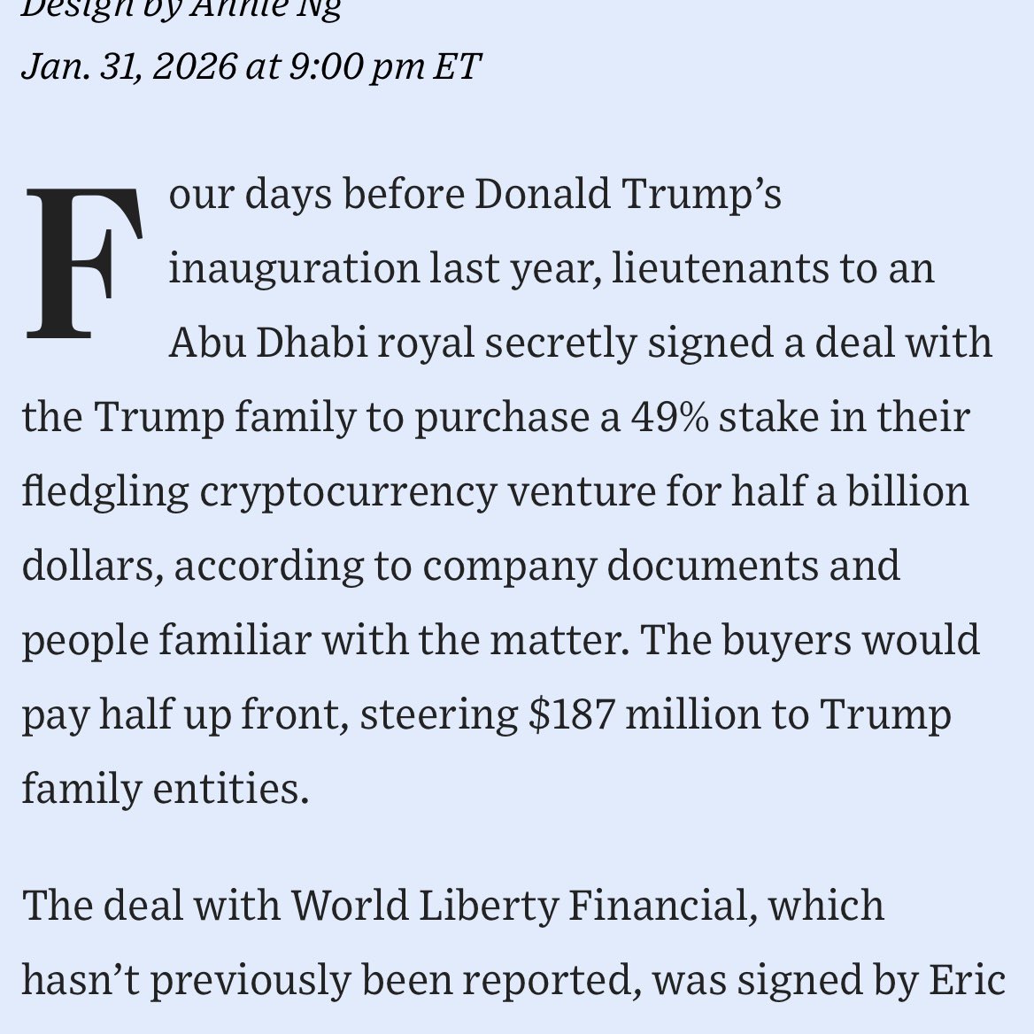 Foreign countries are bribing our president to sell out the American people.
 
Trump family businesses made $187 MILLION from this deal, and just months later he gave the UAE some of our most top-secret AI tech.
 
They are selling our national security to the highest bidder.
