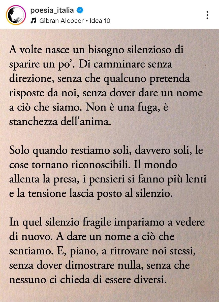 UnTemaAlGiorno's tweet photo. A volte nasce un bisogno silenzioso di sparire un po'.Di camminare senza direzione, senza che qualcuno pretenda risposte da noi, #senzaDover dare un nome a ciò che siamo.Non è una fuga, è stanchezza dell'anima.

Ben ritrovata #Family  di #UntemaAlGiorno ❣️

Buona serata🤗
Elisa https://t.co/A2dp2tkviY