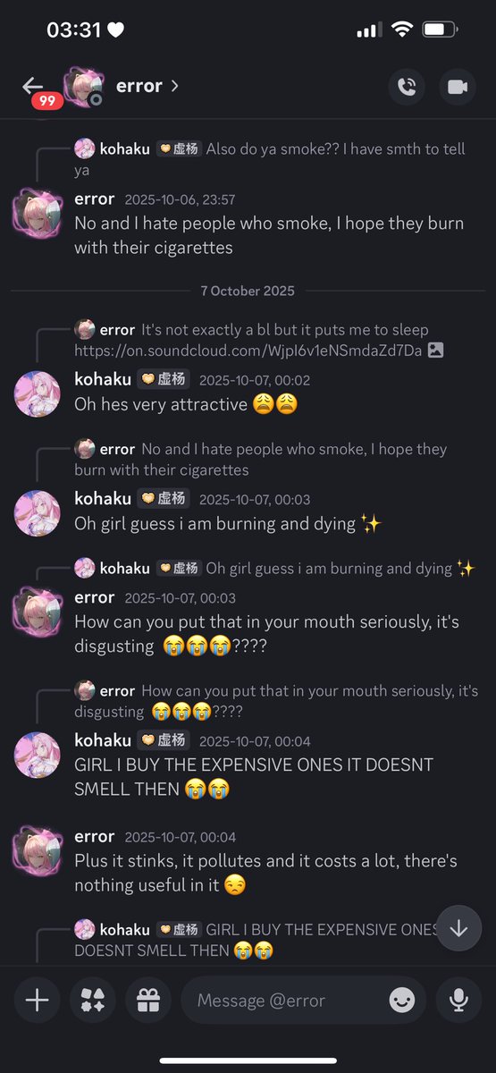 korokoroyaa3's tweet photo. Telling me to burn and be unalive because i smoke cigarettes https://t.co/MRw5oaOR92