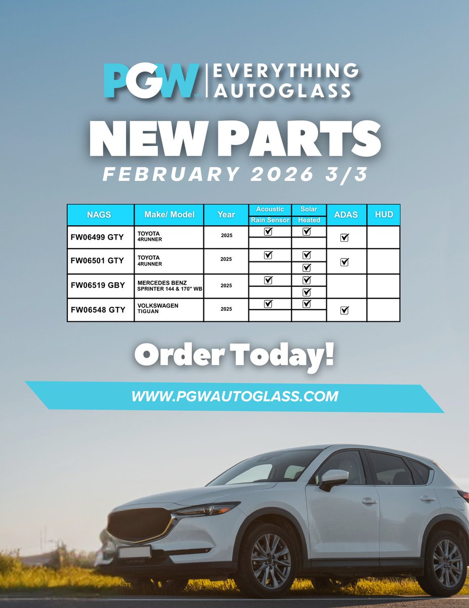 New Parts for February are Now Available! 🎉

Looking for the latest additions? Browse our new parts today by:

🔍 The 5-digit part number (e.g., 00001) at pgwautoglass.com or connect with your sales representative to order.

#AutoGlass #NewParts #PGW  #AutoGlassParts