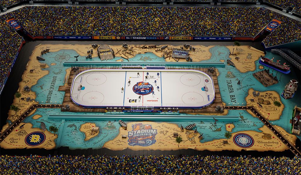 sportslogosnet's tweet image. Tonight’s the night! Tampa Bay Lightning vs Boston Bruins in the 2026 Stadium Series (6:30pm ET), and the ice is literally dropped into the middle of a full-field pirate treasure map.
Pics + all the details here ⬇️ news.sportslogos.net/2026/01/28/nhl…

Are you into these “full venue takeover”…