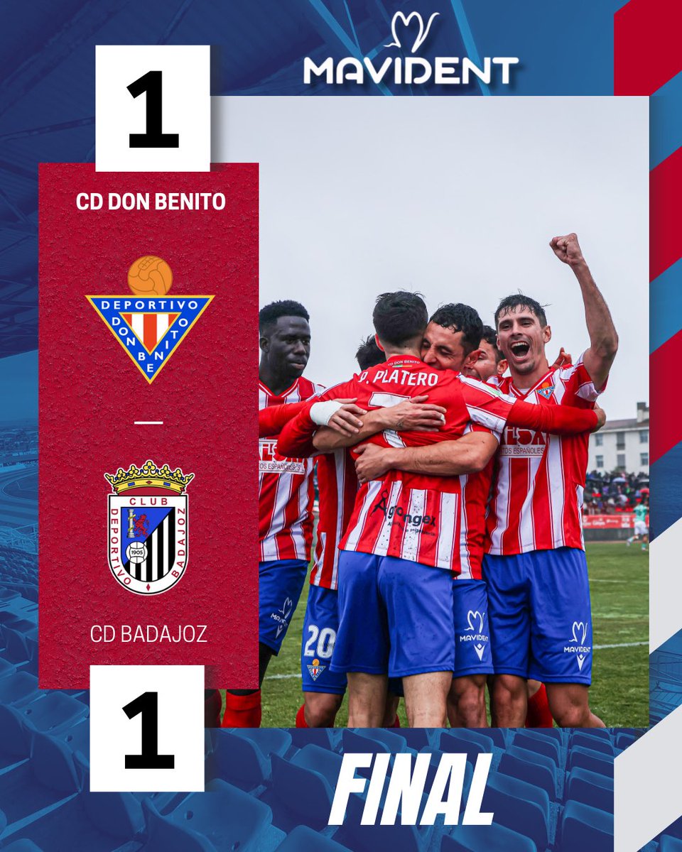 FINAL DEL ENCUENTRO | 

CD Don Benito 1️⃣ - 1️⃣ CD Badajoz

Reparto de puntos en el Vicente Sanz tras ir por delante 93 minutos. Enorme trabajo de todo el equipo que se ha dejado todo. 

#DonBenitoBadajoz