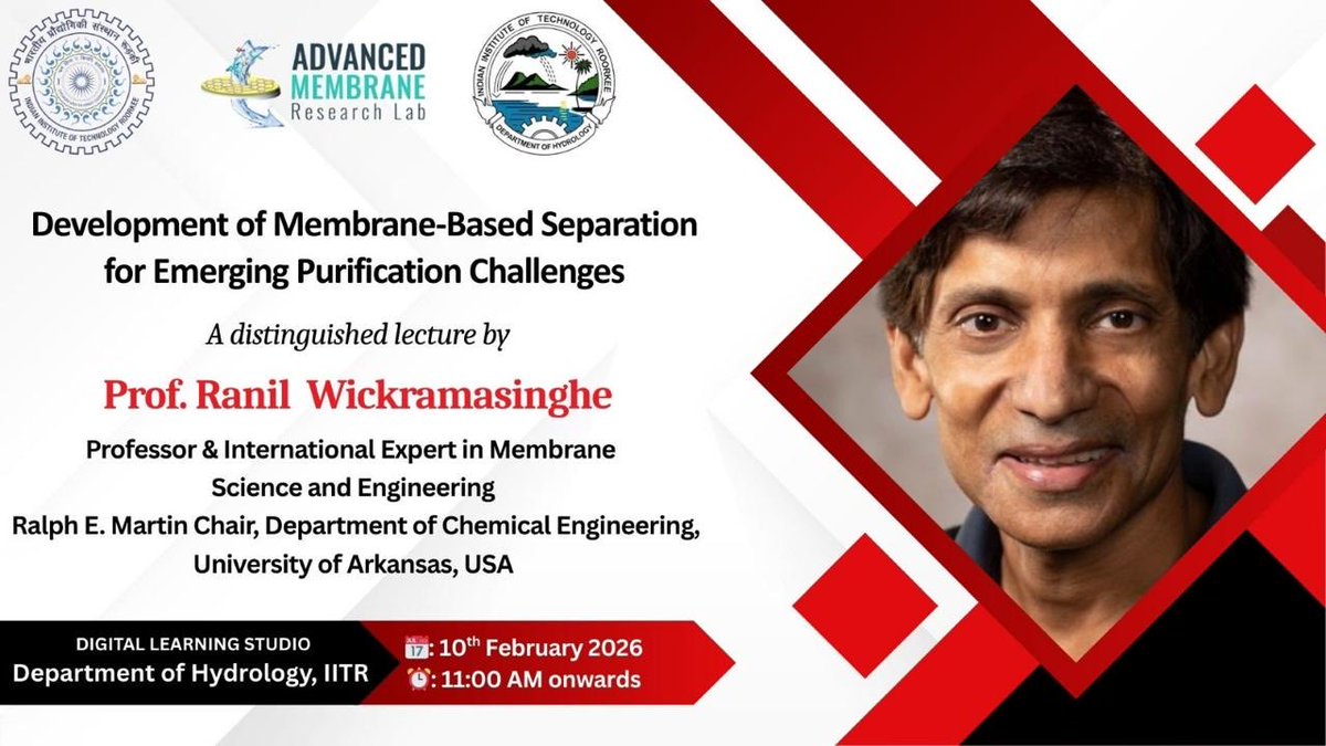 DEKA_BJ's tweet photo. 1 day workshop on “Sustainable Membrane Innovations for Clean Water Futures”, featuring distinguished lecture by Prof. Ranil Wickramasinghe, University of Arkansas, USA, followed by talks, technical exposure, and a visit to ⁦⁦@amrl_iitrindia⁩
⁦⁦@Hydrology_IITR⁩ https://t.co/8rgl1iL8ci