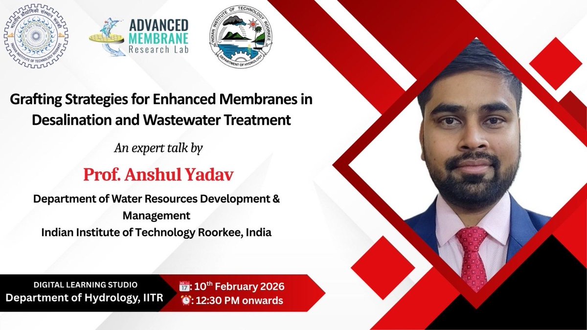 DEKA_BJ's tweet photo. 1 day workshop on “Sustainable Membrane Innovations for Clean Water Futures”, featuring distinguished lecture by Prof. Ranil Wickramasinghe, University of Arkansas, USA, followed by talks, technical exposure, and a visit to ⁦⁦@amrl_iitrindia⁩
⁦⁦@Hydrology_IITR⁩ https://t.co/8rgl1iL8ci