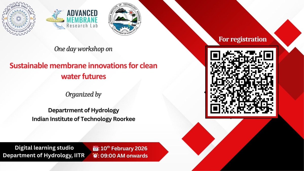 DEKA_BJ's tweet photo. 1 day workshop on “Sustainable Membrane Innovations for Clean Water Futures”, featuring distinguished lecture by Prof. Ranil Wickramasinghe, University of Arkansas, USA, followed by talks, technical exposure, and a visit to ⁦⁦@amrl_iitrindia⁩
⁦⁦@Hydrology_IITR⁩ https://t.co/8rgl1iL8ci