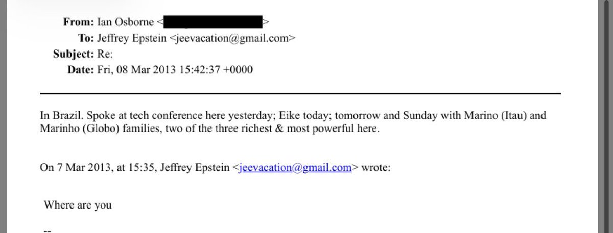 Em um dos e-mails, um amigo de Epstein relata que está no Brasil se encontrando com as famílias donas da Rede Globo, do Itaú e com o Eike Batista. Isso explica a pouca repercussão que a Globo está dando ao caso?