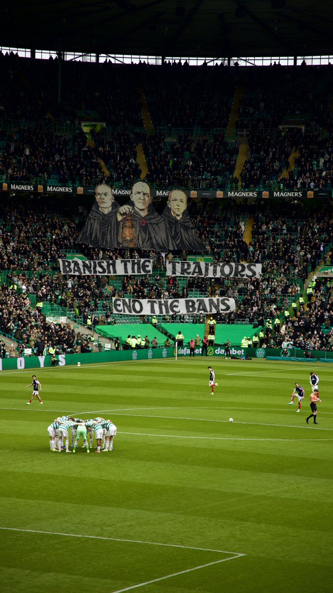 The Green Brigade with a Traitors inspired tifo aimed at Mark Hargreaves, Michael Nicholson and Chris McKay.

End the bans.