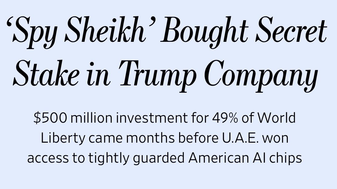 SenAdamSchiff's tweet image. New reports reveal that the UAE royal family secretly funneled $500M to Donald Trump’s cryptocurrency venture, just days before his inauguration and months before the President agreed to sell the UAE highly advanced AI chips that many fear would end up in the hands of China.…