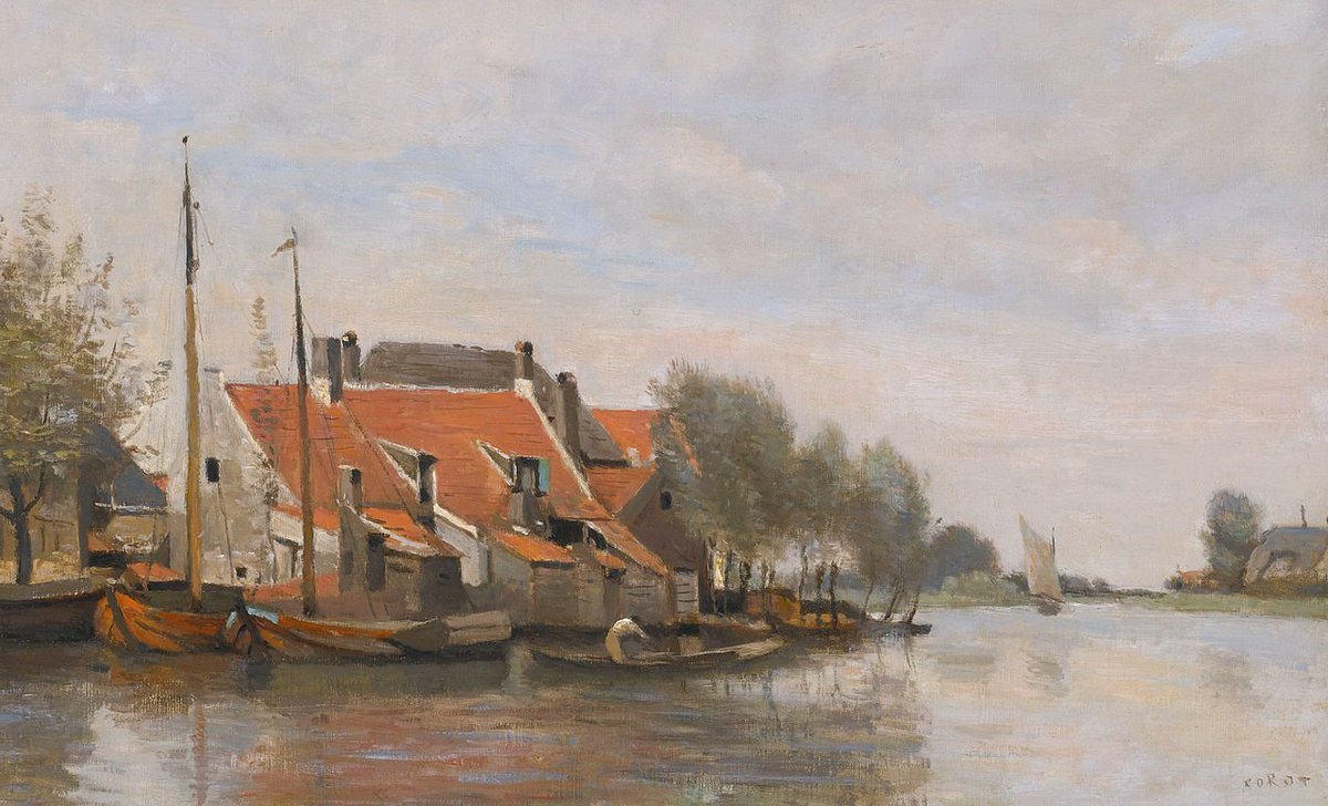 Huisjes langs een kanaal in de buurt van Rotterdam (1854).

#Nederland 🇳🇱

🎨 Jean-Baptiste Camille Corot
