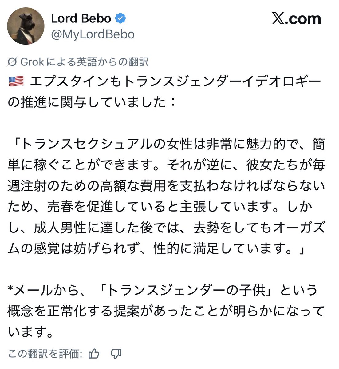 KatzePotatoes's tweet photo. は！？

今話題のエプスタインがジェンダーイデオロギーを推進してたの！？

「トランスジェンダーの子供」の概念の正常化！？

思いがけない方向から話が繋がってきて、びっくりすぎる。

画像1枚目:元投稿の翻訳

画像2〜3枚目:エプスタイン・ファイルの該当部の翻訳（ひどい内容） https://t.co/pPouQzJMDu