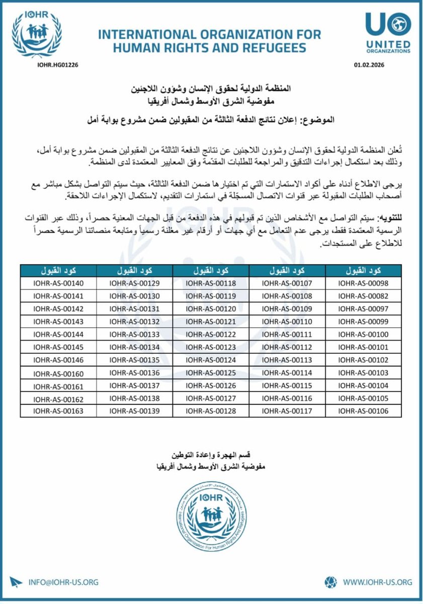 IOHR_US's tweet image. تُعلن المنظمة الدولية لحقوق الإنسان وشؤون اللاجئين #IOHR عن نشر قائمة أرقام القبول للدفعة الثالثة من برنامج بوابة أمل لإعادة التوطين.
القائمة تتضمن أرقام Sequence فقط حفاظاً على الخصوصية.
سيتم التواصل حصراً عبر القنوات الرسمية المعتمدة.
⚠️ الإعلان لا يُعد قبولاً نهائياً