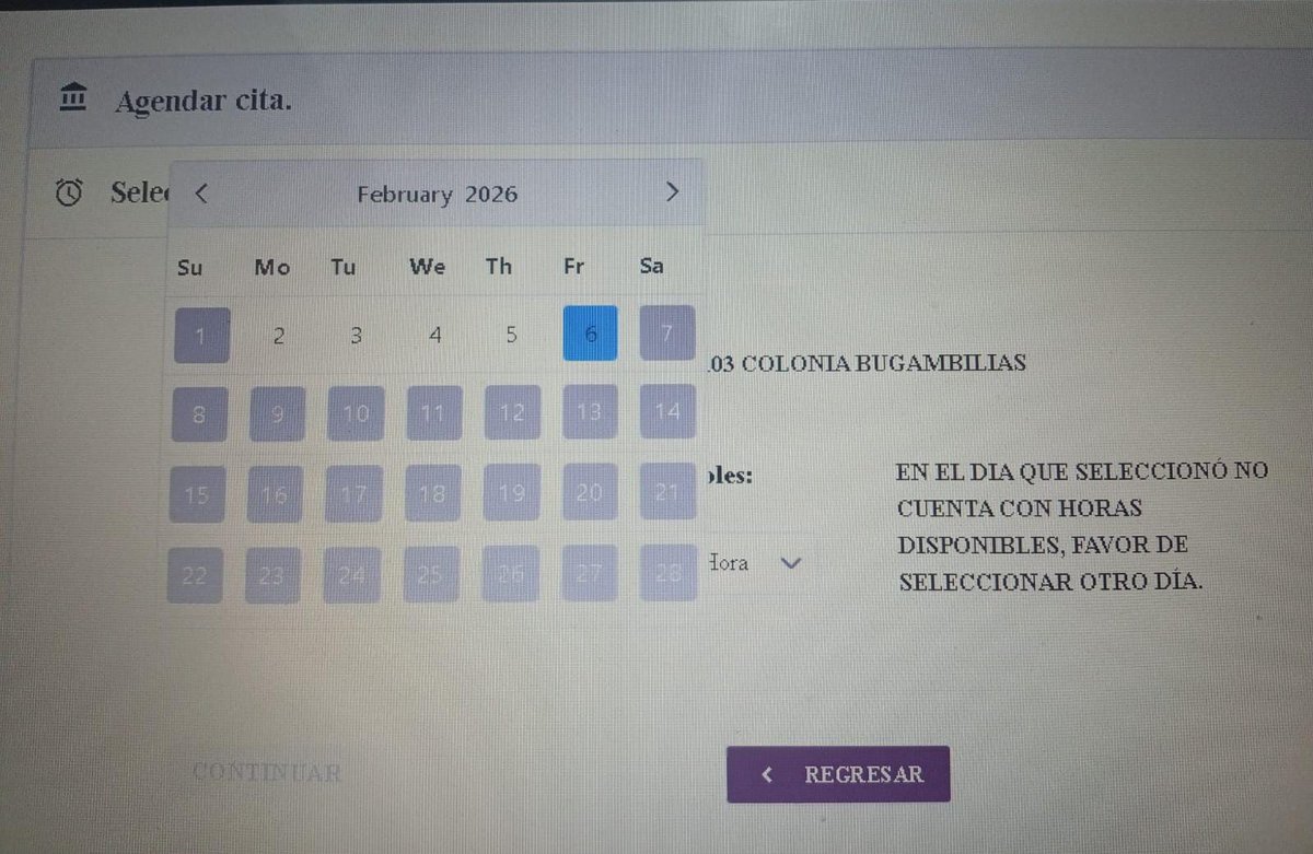 Imposible agendar cita en la SEMOVI en los únicos 5 días de la primera semana de febrero que trabajarán. Los demás están en gris y no permiten agendar.  Y no te atienden si no es con cita.