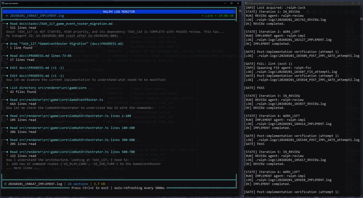 IanChak's tweet photo. It's pretty barebones right now, but it gets the job done. 

Right side is a batch script with the loop and all the logic, left side is a node monitoring tool that shows you the latest logs so you can keep track. https://t.co/CBa5nCNbYa