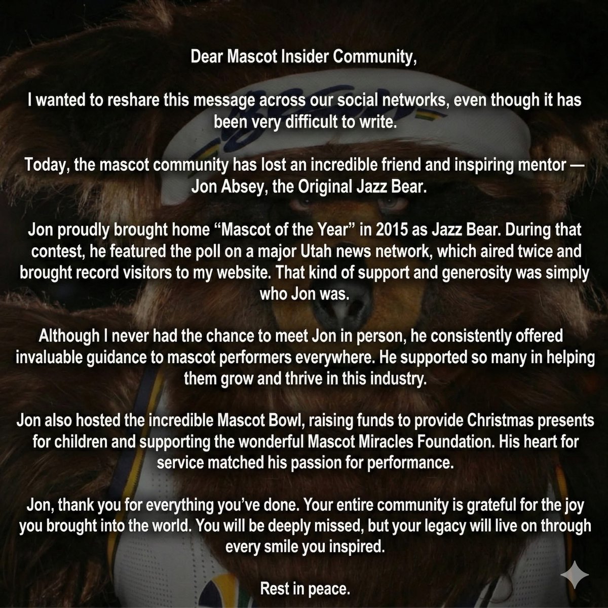 kitwanalion's tweet photo. The mascot community is heartbroken as #JonAbsey, original Utah Jazz Bear &amp; founder of Alinco Costumes lost the battle against pancreatic cancer. Pouncer, my Cougar mascot was one of his designs. His legacy, the joy his costumes spread will live on! RIP Jon!❤️ https://t.co/aYXbV7KvC1
