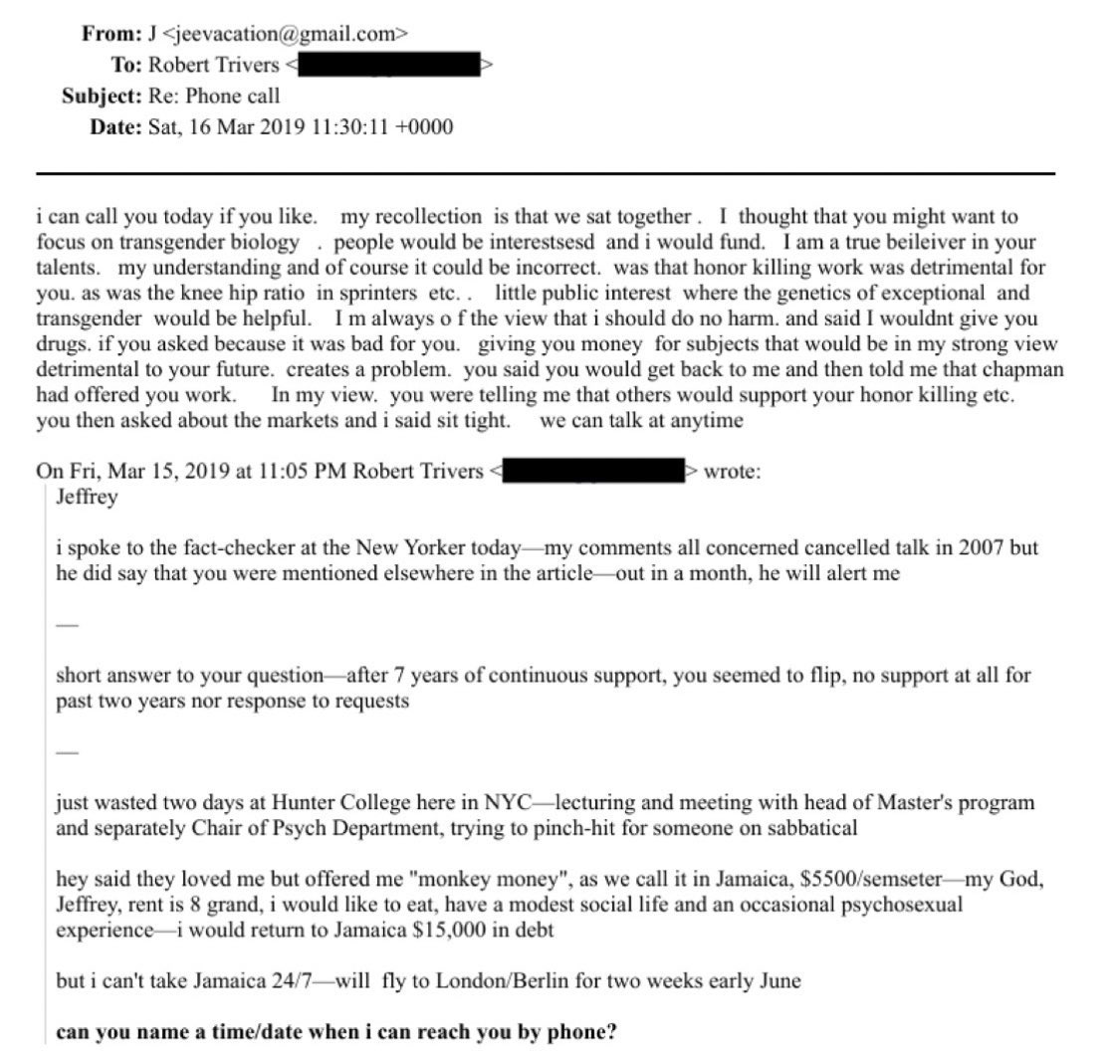 Bakın bu mailde korkunç bir ifşa var: 

E-mail Darwinci biyolog Robert Trivers ve Epstein arasında geçiyor ve mevzu küçük yaştaki çocuklara uygulanan hormon tedavisinin trans (penisi olan kadın ya da tam tersi) birey üretiminde daha iyi sonuç vermesi. (!) 

Meğer “trans çocuk