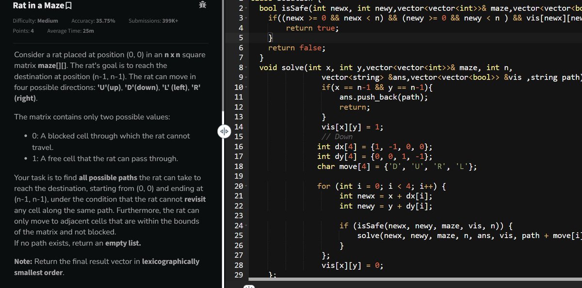 kaushalxcode's tweet photo. #Day45 of DSA Problems
- RAT IN A MAZE (backtracking)
(
@geeksforgeeks
) #100DaysOfChallenge #DSA #CPlusPlus #Coding https://t.co/Alo9lxE7KV