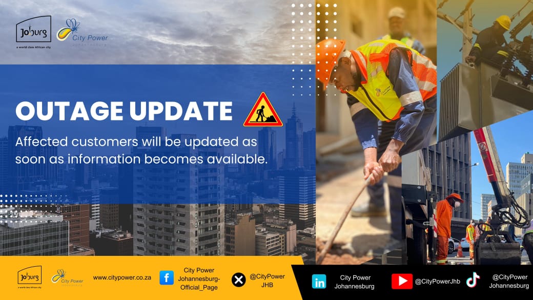 #CityPowerUpdates
#CityPowerOutages
#RoodepoortSDC 

Swanepoel Park Switching Station (Gildea Street 1 Mini Substation): Power supply has been restored up to 90% to customers in Discovery and surrounding areas. The outage is caused by a blown mini substation, which has been