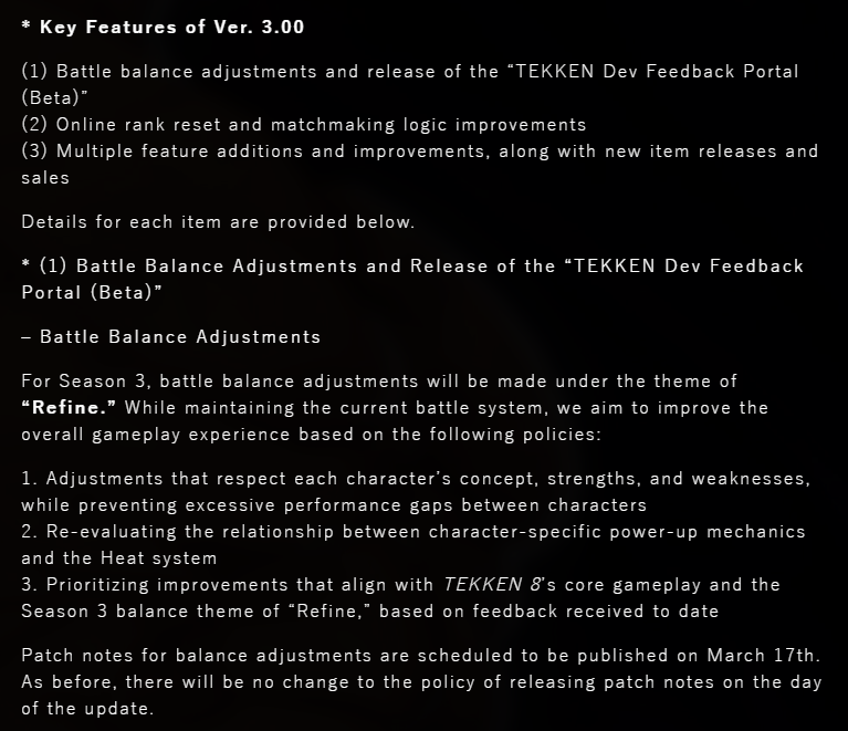 VolSkimmer's tweet image. Tekken 8 Season 3 v3.00 balance direction

- Discord created for giving feedback
- Balancing around character strengths &amp;amp; weakness
- Adjusting Heat &amp;amp; Power-up mechanics
- Rank reset
- Refining core gameplay