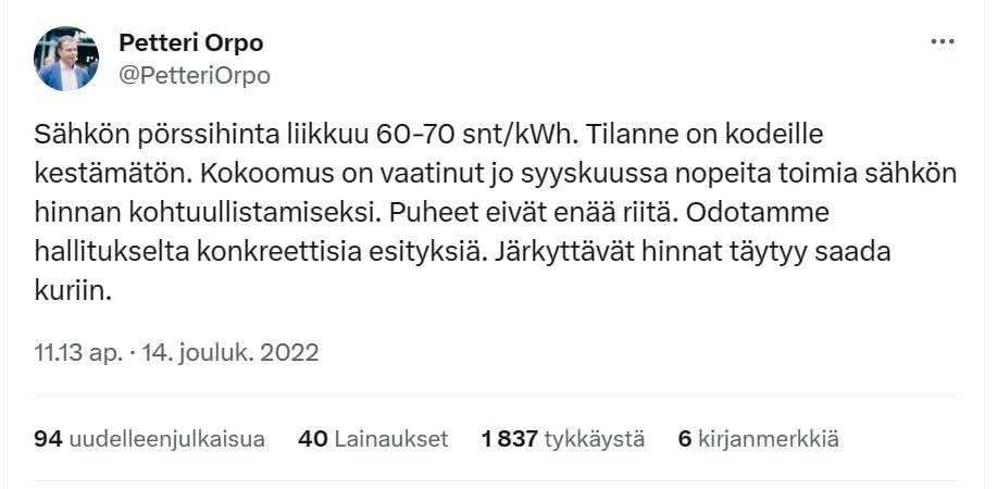 Petteri Orpo ja sähköhinta vuonna 2022