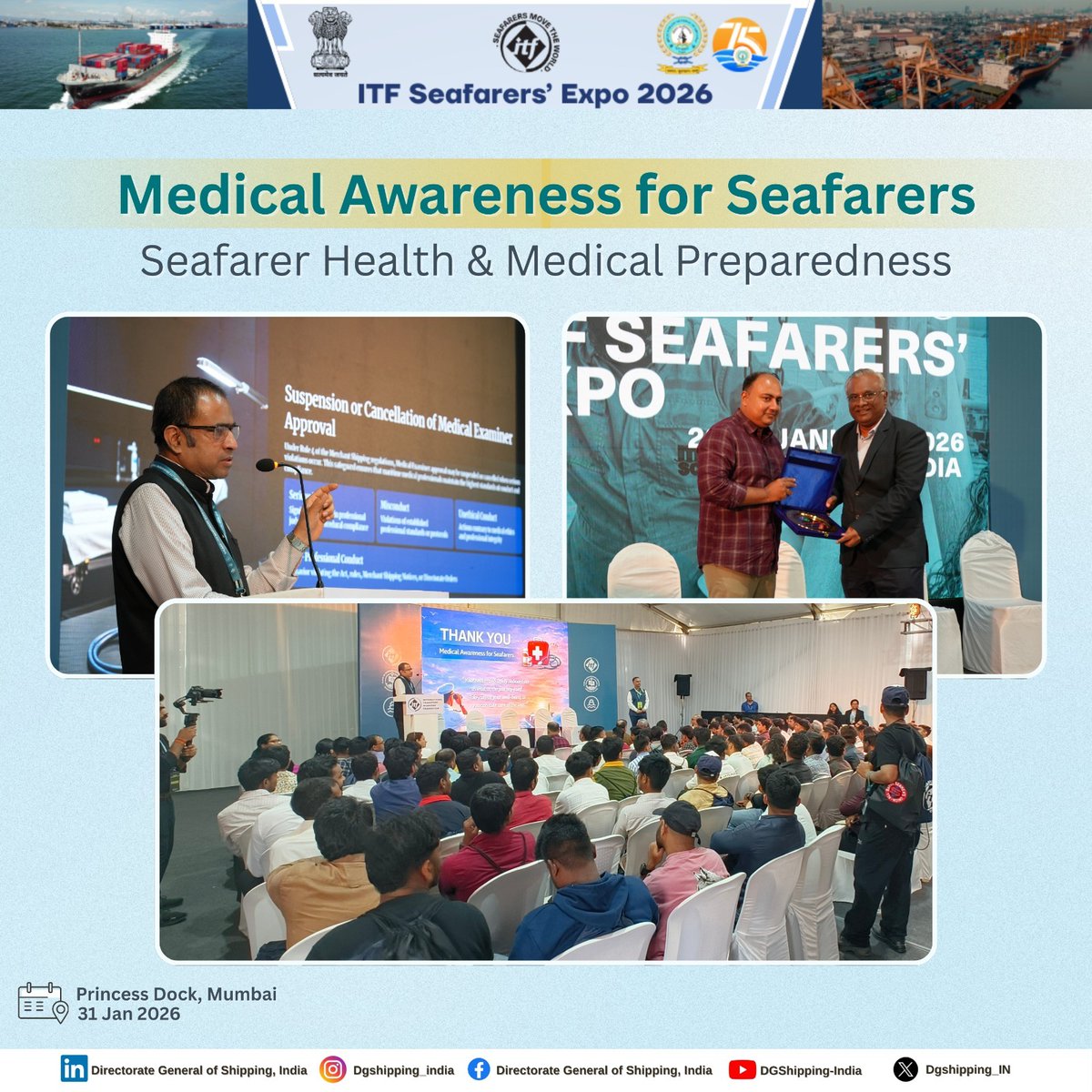 At the MILAP ITF Seafarers Expo 2026, DG Shipping officials Capt. Nitin Mukesh and Capt. Bipin Kumar addressed seafarers on the critical importance of medical awareness in the maritime profession.

During the session, they emphasized the need for regular health monitoring and