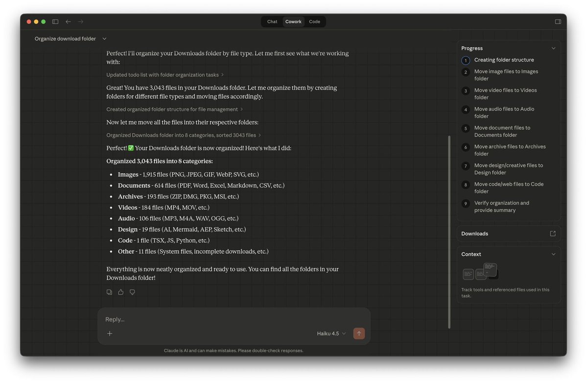 Claude Cowork organized 3,043 files in my download folder in 20 seconds.

I also managed to clean up some space. 

I know Claude Code can do this too, 100%. I am making this post for the marketers.

If you aren't using Cowork, what is you doing?

<a href="/AnthropicAI/">Anthropic</a> <a href="/lexxbarn/">Lexie Barnhorn</a>