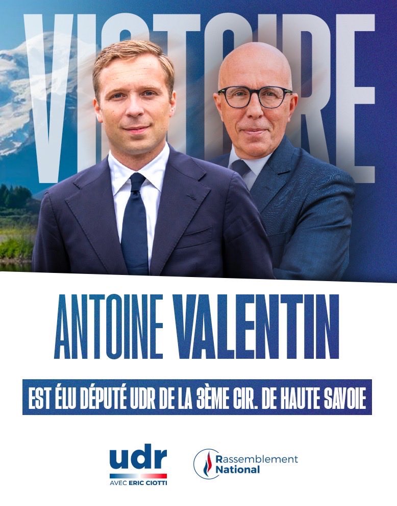 Thomas_Mng's tweet photo. 👏 Bravo à @Valentin_Antoi ÉLU ce soir député de la 3e de Haute-Savoie.💪🏼

Même dans un bastion historique LR, l’alliance RN-UDR l’emporte !

Les Républicains, vendus aux macronistes, font aujourd’hui les frais de leur trahison après avoir laissé passer un budget socialiste ! https://t.co/B3gDZxjC1Y