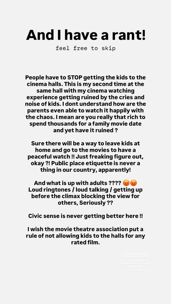 preethikdas's tweet photo. Please consider this &amp; bring out a strict rule to stop allowing kids to the cinema halls !! @PicturesPVR @_PVRCinemas @bookmyshow @AsianCinemas_ @INOXMovies @telugufilmnagar https://t.co/zYwx0oTALn