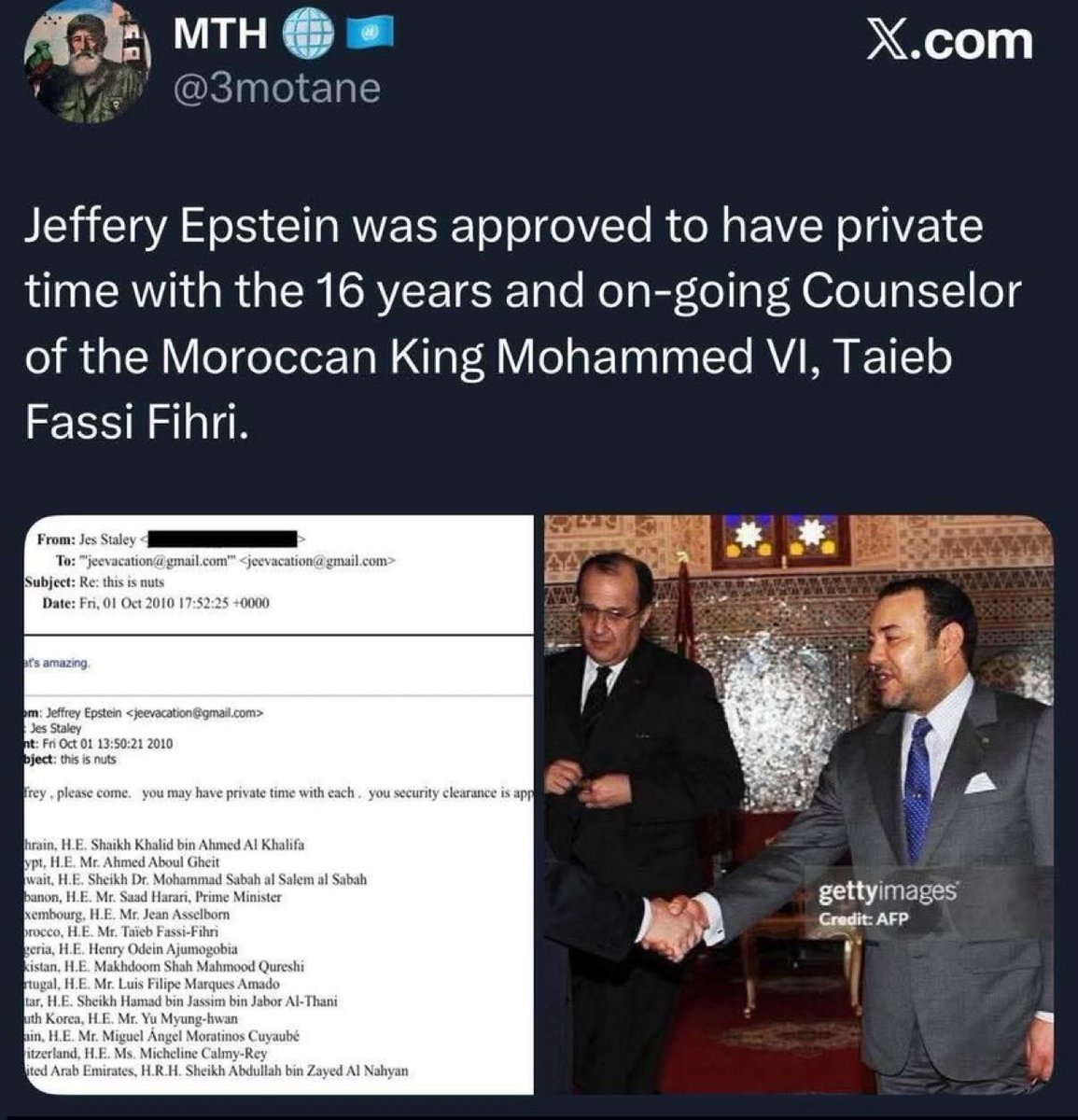 تسريبات ملفات وزارة العدل الأمريكية تكشف فضيحة مدوية تضرب القصر الملكي المغربى

الملك المغربى محمد السادس و مستشاره كانا يبيعان الأطفال المغاربة لتمارس عليهم الفاحشة في جزيرة رجل الأعمال #ابستين

#ملفات_إبستين