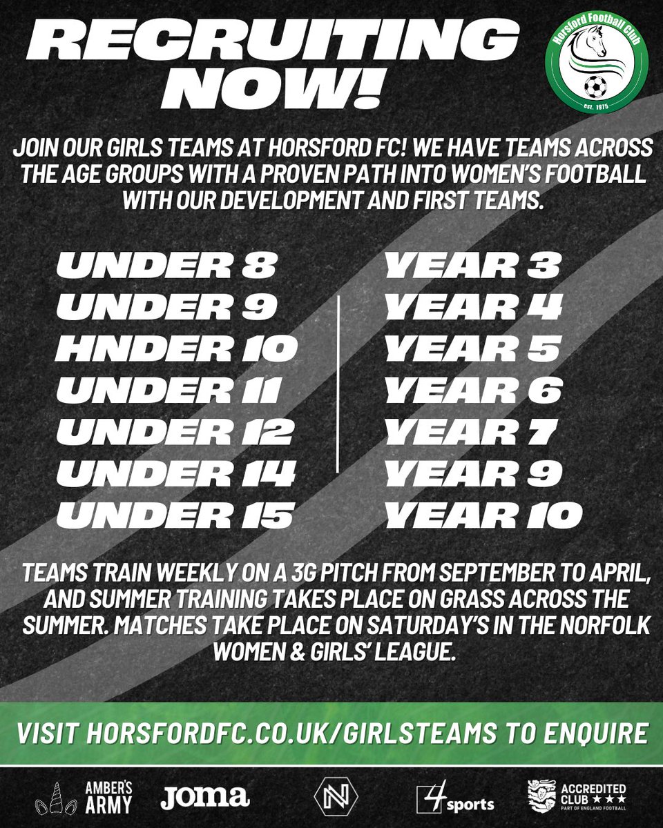 Join our growing girls provision at Horsford FC 💚

New teams for 2026 🎉

⚽ Under 9 Girls

➡️ Open to girls currently in school year 3

⚽ Under 15 Girls

➡️ Open to girls currently in school year 9

We’re also recruiting for our current:

Under 9 Girls, currently in school