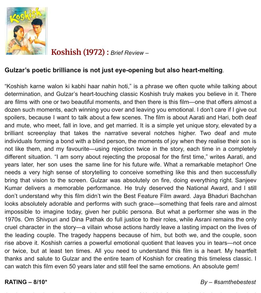 SAMTHEBESTEST_'s tweet photo. #Koshish (1972) :

Gulzar’s poetic brilliance is not just eye-opening but also heart-melting.

RATING - 8/10*

#Gulzar #SanjeevKumar #JayaBachchan #OmShivpuri #Asrani #DinaPathak #SeemaDeo #MovieReview https://t.co/BHxV4D1cfk